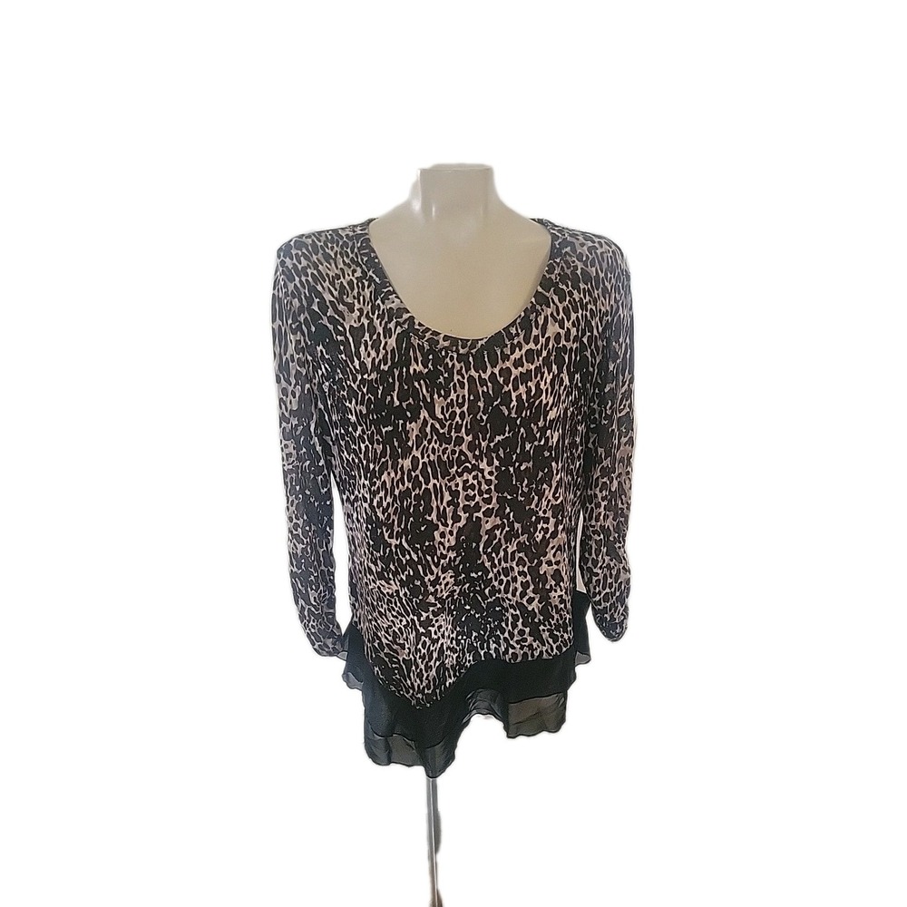 RANSOM Animal Print Ruffled  Asymetrical Hem‎ Sexy Long Sleeve Blouse L Mobwife